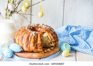 Yeast Babka Cake With Nut Filling And Caramel Sauce For Easter