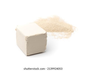 Yeast Cube Isolated. Raw Compressed Baking Yeast, Instant Barm Granules Pile, Bread Ingredients Side View