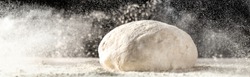 Yeast Dough For Bread Or Pizza On A Floured Surface, With Flour Splash. Cooking Bread. Kneading The Dough. Long Banner Format
