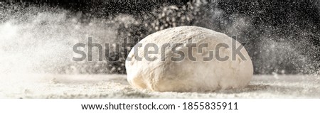 yeast dough for bread or pizza on a floured surface, with flour splash. Cooking bread. Kneading the Dough. Long banner format