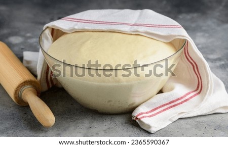 Yeast dough in a glass bowl.  Cooking process. Selective focus