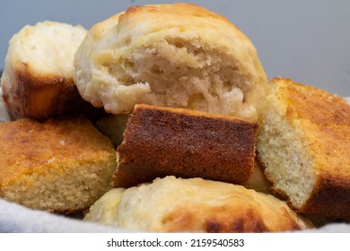 Yeast Rolls And Cornbread In A Basket For Serving 