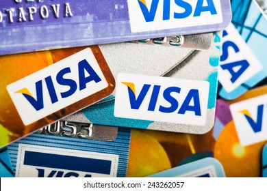 YEKATAERINBURG, RUSSIA - JAN 07, 2015: Pile of Visa credit cards. Visa is biggest credit card companie in the world. 