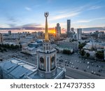 Yekaterinburg Administration or City Hall, Central square and Yekaterinburg City Towers at summer evening. Evening city in the summer, Aerial View. Top view of city administration in Ekaterinburg