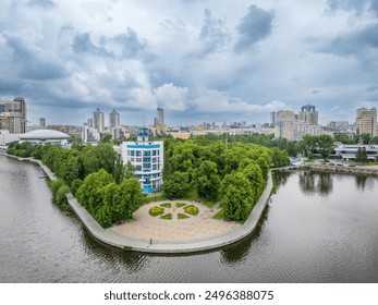 Yekaterinburg aerial panoramic view in summer sunset. Ekaterinburg is the fourth largest city in Russia located in the Eurasian continent on the border of Europe and Asia. Yekaterinburg, Russia