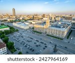 Yekaterinburg City Administration or City Hall and Central square at summer evening. Evening city in the summer sunset, Aerial View. Top view of city administration in Ekaterinburg