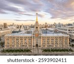 Yekaterinburg City Administration or City Hall and Central square at summer evening. Evening city in the summer sunset, Aerial View. Top view of city administration in Ekaterinburg