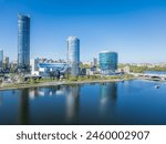 Yekaterinburg city with Buildings of Regional Government and Parliament, Dramatic Theatre, Iset Tower, Yeltsin Center, panoramic view at summer sunset. Yekaterinburg, Russia