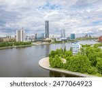 Yekaterinburg city with Buildings of Regional Government and Parliament, Dramatic Theatre, Iset Tower, Yeltsin Center, panoramic view at summer sunset. Yekaterinburg, Russia