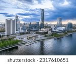 Yekaterinburg city and pond aerial panoramic view at summer sunset. Yekaterinburg, Russia. Translation of the text: Yeltcin Center