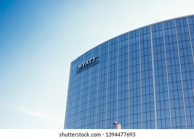 Yekaterinburg, Russia, May, 10, 2019: Hyatt Logo On The Building Of Hotel Business Center 