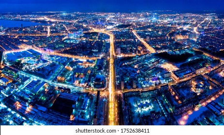 Yekaterinburg, Russia. Panorama Of The Night City Aerial. Streetlights Lit By Lanterns