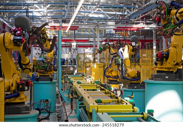 Yelabuga, Russia -\
May 12, 2014: assembly line vehicles Ford Sollers plant in the\
special economic zone\
\