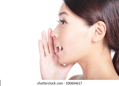 Yelling Woman Mouth Close Up Isolated On White Background, Model Is A Asian Beauty