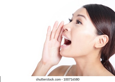 Yelling Woman Mouth Close Up Isolated On White Background, Model Is A Asian Beauty