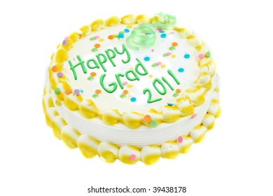 Yelllow And White Frosted Festive Cake Celebration Graduation Year Of 2011 Isolated On A White Background