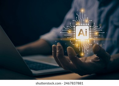 Yellow Ai Technology or Artificial Intelligence Concept. Microchip and Circuit Line Ai Artificial Intelligence Icon on Businessman's Hand work With Laptop Computer in Vintage