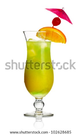 Yellow alcohol cocktail with orange slice and cherry isolated on white background