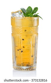 Yellow alcohol cocktail with passionfruit isolated on white background