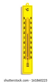 Yellow analog plastic thermometer with European Celsius scale. Studio shot, isolated on white background.