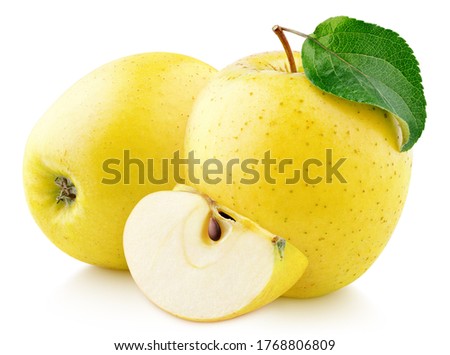 Yellow apple fruit with green leaf and slice isolated on white background. Golden apple with clipping path. Full Depth of Field
