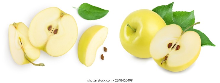 yellow apple half isolated on white background with full depth of field. Top view. Flat lay.