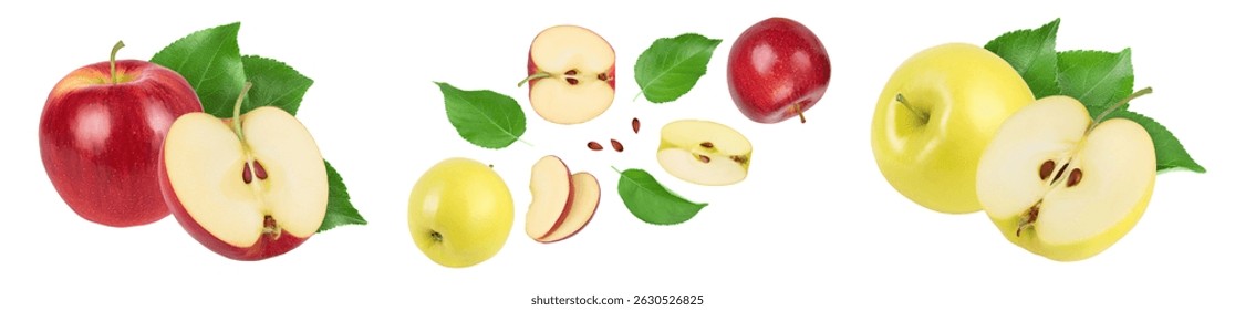 Manzana amarilla medio aislado en el fondo blanco con la profundidad completa del campo. Vista superior. Juego plano.