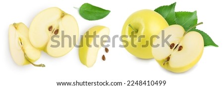 yellow apple half isolated on white background with full depth of field. Top view. Flat lay.