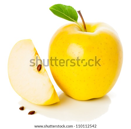 	Yellow apple and it's slice  with green leaf isolated on white
