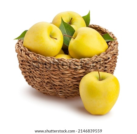 yellow apples in basket path isolated on white