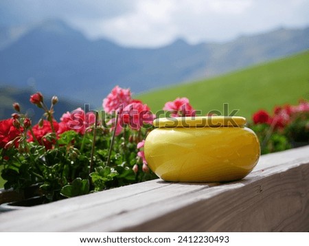 Yellow ashtray standing in front of fresh flowers and mountain scenery