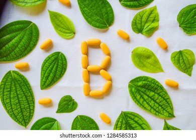 Yellow b vitamin pills decorated with green leaves