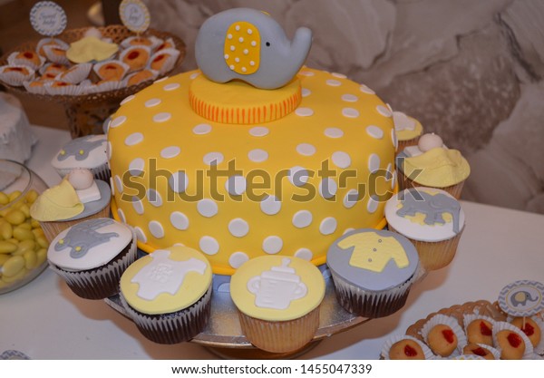 Yellow Baby Shower Cake Elephant Decoration Stock Photo Edit Now