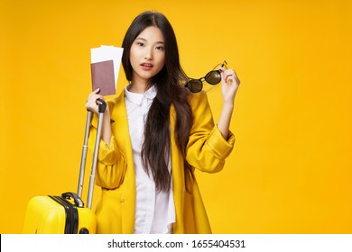 Yellow Background Passport Plane Tickets Asian Woman