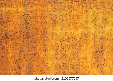 Yellow Background With Peeling Paint, Rust, Cracks, Defects And Damage