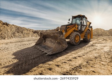 A yellow backhoe loader digs into the earth on a construction site as the sun sets, casting long shadows on the rugged ground.