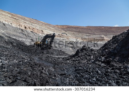 yellow backhoe work in coalmine
