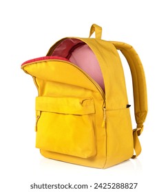 Yellow backpack opened isolated on white.School bag advertisement design. Knapsack, rucksack,travel bag.Touristic items.