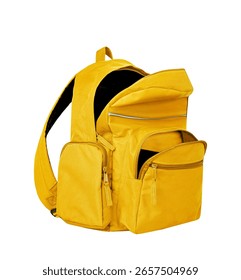 Yellow backpack opened isolated on white.School bag advertisement design. Knapsack, rucksack,travel bag.Single object.