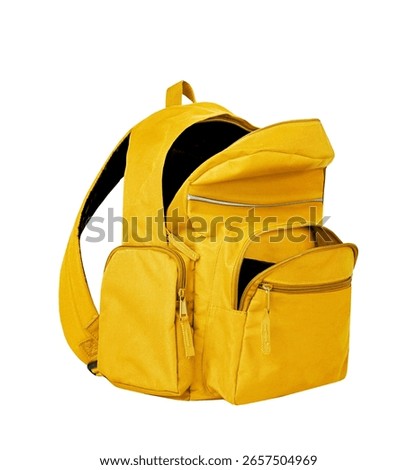 Yellow backpack opened isolated on white.School bag advertisement design. Knapsack, rucksack,travel bag.Single object.