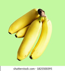 Yellow Bananas Isolated, Banana Bunch With Clipping Path In Pastel Green/mint Background, Topical Fresh Fruit Isolated, No Shadow