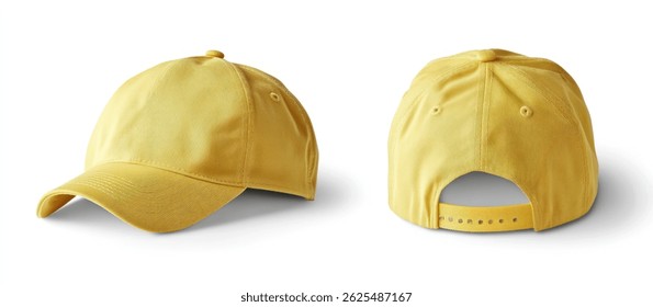 yellow baseball cap mockup template, front and back view isolated on a light background with a clipping path