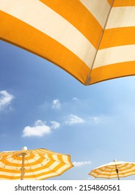 Yellow beach umbrellas on a sunny day. Bright colored umbrellas on the beach.