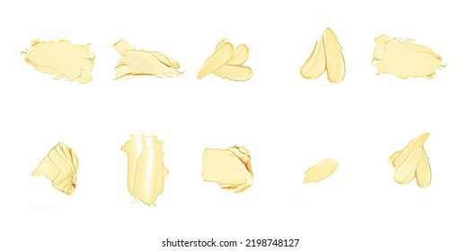 Yellow Beauty Swatches, Skincare And Makeup Cosmetic Product Sample Texture Isolated On White Background, Make-up Smudge, Cream Cosmetics Smear Or Paint Brush Stroke Closeup