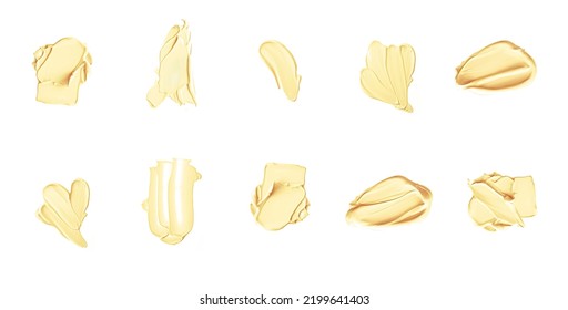 Yellow Beauty Swatches, Skincare And Makeup Cosmetic Product Sample Texture Isolated On White Background, Make-up Smudge, Cream Cosmetics Smear Or Paint Brush Stroke Closeup