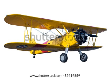 A yellow bi plane isolated on white