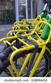 Yellow bikes in a row