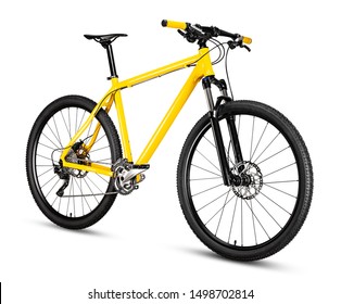 moto de montaña amarilla negra 29er con gruesos neumáticos fuera de carretera. bicicleta mtb aluminio transversal, bicicleta concepto de transporte deportivo aislado en fondo blanco