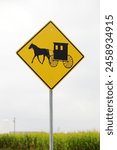 A yellow and black diamond warning raod sign in Amish country.