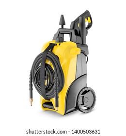 Yellow Black Electric High Pressure Washer Isolated on White. Power Washing Machine. Outdoor Power Equipment. House Cleaning Tool. Domestic Major Appliances. Home Appliance. Pressurized Water Jet